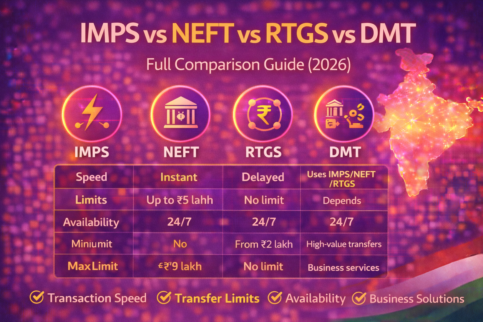 IMPS vs NEFT vs RTGS vs DMT: Full Comparison